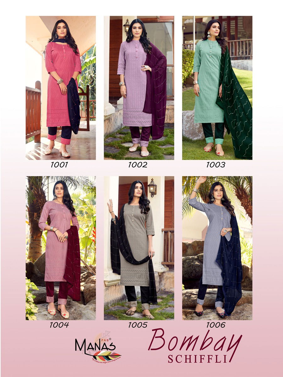 Manas Bombay Schiffli Designer Festive Wear Kurti With Pant And Dupatta Readymade Collection